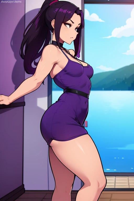 High resolution, Akeno Himejima, 1girl, (((bimbo))), long purple hair, purple eyes, ear ringimbo))), puffy lips, painted lips, thick lips, erotic smile face, wide hips, thick thighs, huge round ass, enormous natural breasts, shiny oily skin, nude nipples, pool, full body, high heels,