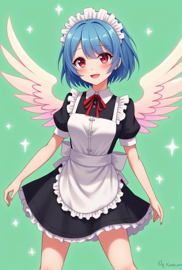 Maid cafe maid with short blue hair, Red eyes, a sensual and happy expression, age range between 18 and 26 years, with angel wings, black uniform without buttons, that the full body is shown, anime style completely in 2D, with pastel colors, with a completely flat and green background