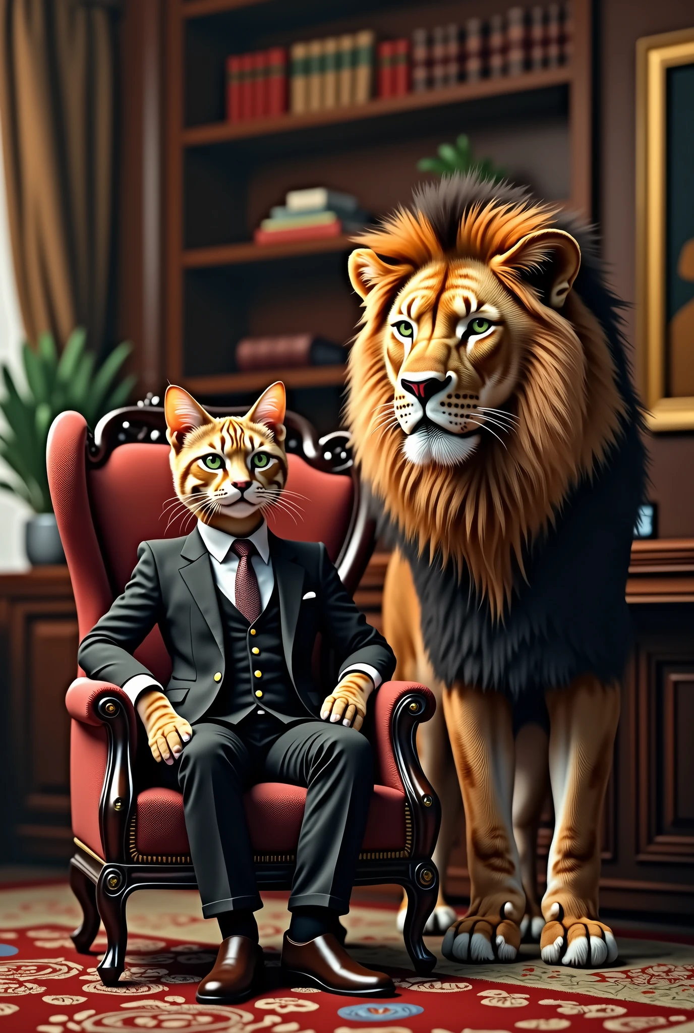 Very rich savannah cat wearing elegant suit sitting on a luxurious chair in his office and next to him is a realistic Atlas lion, real, high resolution detail, full picture as real life