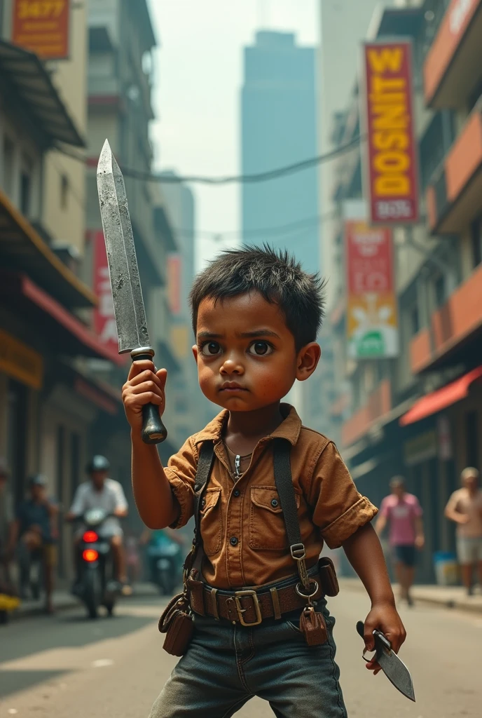 A midget male in Sao Paulo, holding a knife