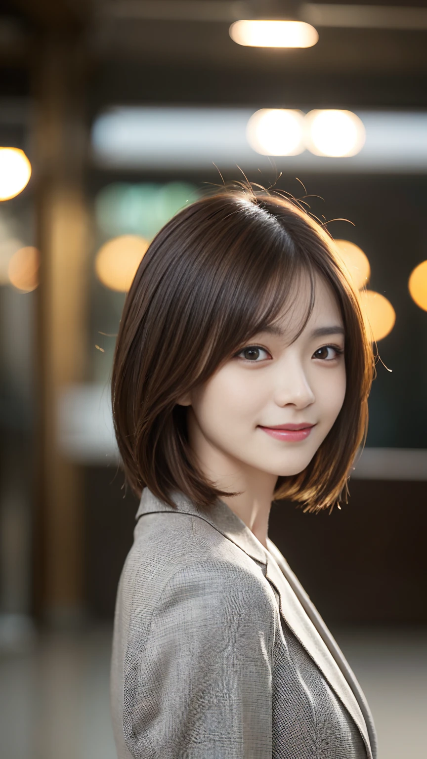 Tabletop, Highest quality, Realistic, Very detailed, finely, High resolution, 8k wallpaper, Cinema Lighting、1 person、Beautiful Japanese Women、30 years old、light brown straight bob hair, Wear a business suit, (Blurred Background、Station platform、noon、Light of the sun)、Sharp focus, Perfect dynamic composition, Narrow eyes:1.5, finelyて美しい目, Thin Hair, Detailed and Realistic skin texture, (Smile:1.3), (Tilt your head), Close-up portrait, Model body type