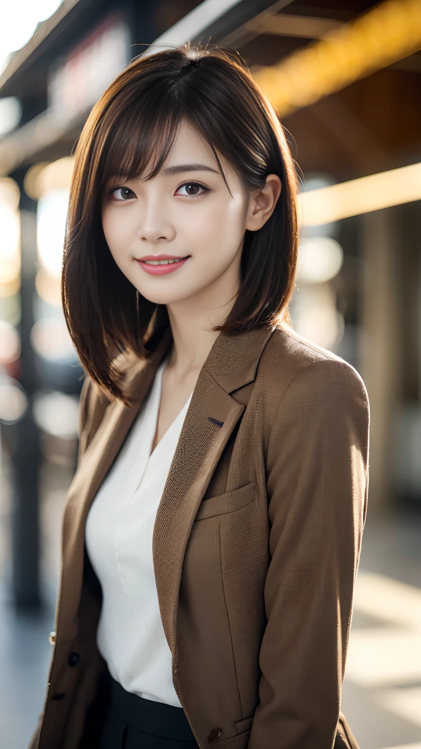 Tabletop, Highest quality, Realistic, Very detailed, finely, High resolution, 8k wallpaper, Cinema Lighting、1 person、Beautiful Japanese Women、30 years old、light brown straight bob hair, Wear a business suit, (Blurred Background、Station platform、noon、Light of the sun)、Sharp focus, Perfect dynamic composition, Narrow eyes:1.5, finelyて美しい目, Thin Hair, Detailed and Realistic skin texture, (Smile:1.3), (Tilt your head), Close-up portrait, Model body type