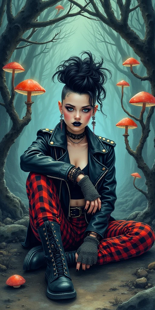 A fierce goth tomboy, with a mohawk and dark lipstick, dressed in a studded leather jacket and plaid pants, sitting on the ground, in a shadowy forest, surrounded by twisted trees and glowing mushrooms, A Watercolor illustration in the style of Fantasy Art, Dark Romanticism, and Alternative Art, by Brian Froud, inspired by Enid Sinclair