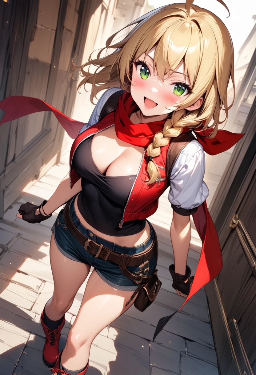 (masterpiece),(best quality),(ultra-detailed),(best illustration),(best shadow),(absurdres),(detailed background),(very aesthetic), 1girl, solo, blonde-hair, braid, boots, ahoge, shorts, gloves, fingerless-gloves, open-mouth, belt, socks, red-jacket, smile, breasts, black-socks, scarf, single-braid, reverse-grip jacket, side-braid, cleavage, medium-breasts, simple-background, kneehighs, green-eyes, looking-at-viewer, cropped-jacket, red-scarf, bandana, red-footwear, kirisame-marisa, blush, knee-boots, standing, short-hair, open-jacket, shirt, black-gloves, :d, short-shorts, short-sleeves