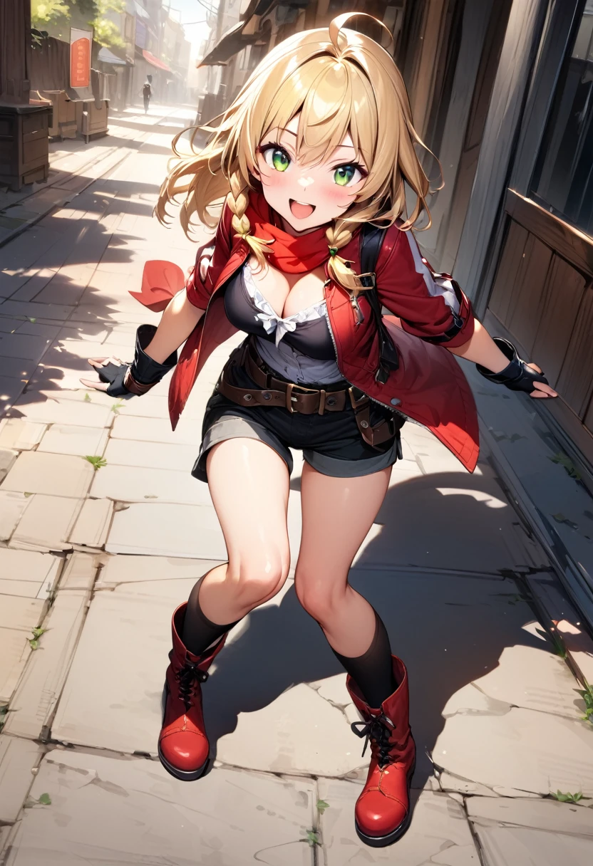 (masterpiece),(best quality),(ultra-detailed),(best illustration),(best shadow),(absurdres),(detailed background),(very aesthetic), 1girl, solo, blonde-hair, braid, boots, ahoge, shorts, gloves, fingerless-gloves, open-mouth, belt, socks, red-jacket, smile, breasts, black-socks, scarf, single-braid, reverse-grip jacket, side-braid, cleavage, medium-breasts, simple-background, kneehighs, green-eyes, looking-at-viewer, cropped-jacket, red-scarf, bandana, red-footwear, kirisame-marisa, blush, knee-boots, standing, short-hair, open-jacket, shirt, black-gloves, :d, short-shorts, short-sleeves
