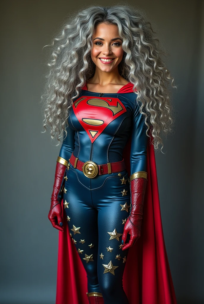 A beautiful youthful looking American version of Ariana Grande as a 50 years old woman with long her completely gray hair in a big curls styles as a retired American inspired superhero wearing her costume suit witch looks like a comic superhero suit again for a photoshoot she is smiling for the camera