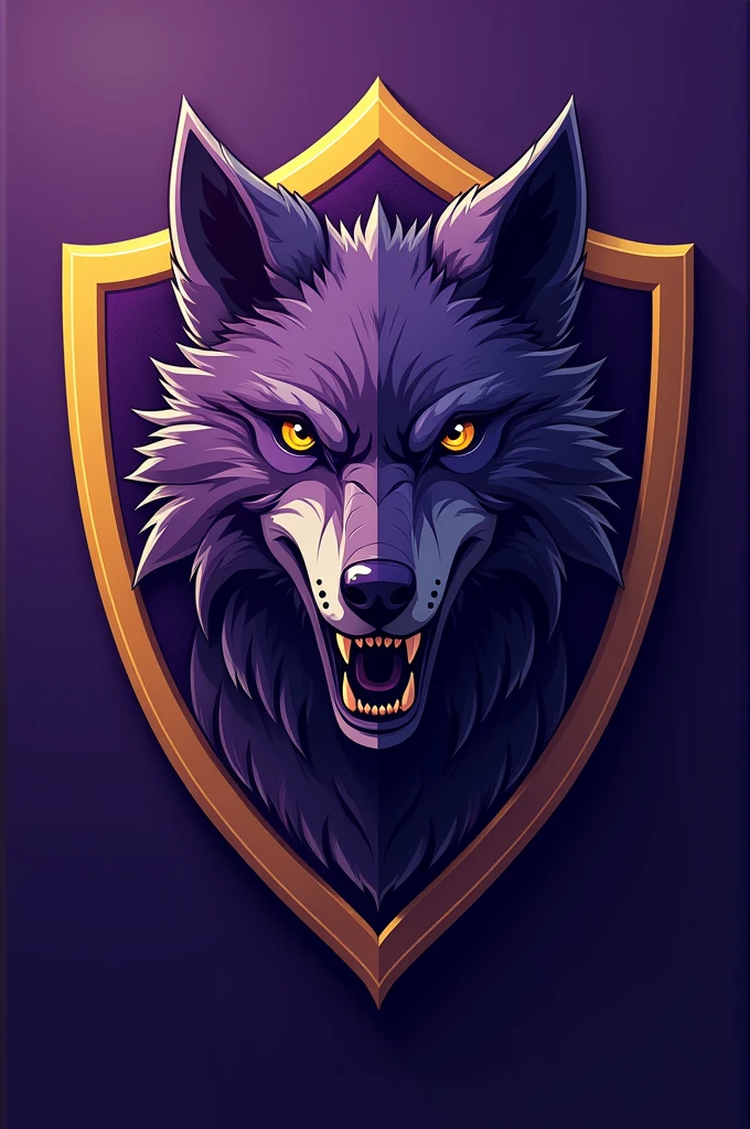 Create a team shirt with purple and gold , and put a wolf shield as a coat of arms