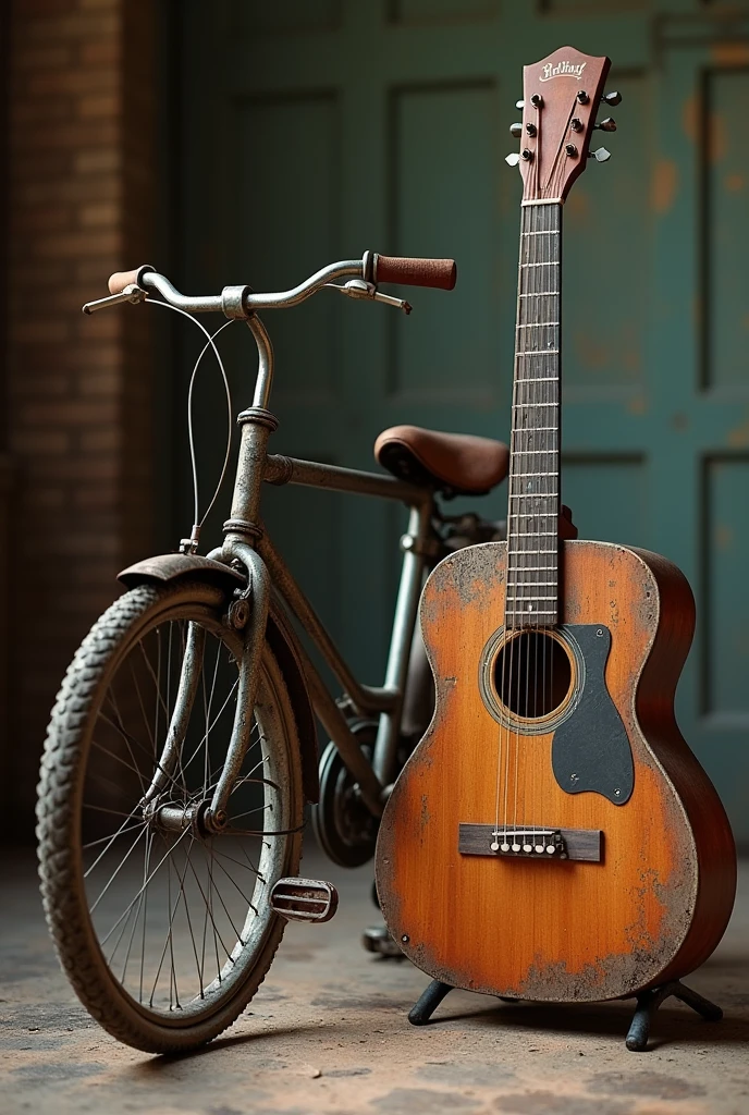 An old bicycle next to an old guitar 