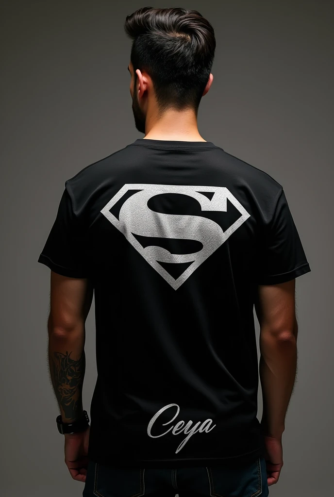 A black colored men&#39;s shirt for friends with the justice league symbol on the back and the name Ceya on the bottom.