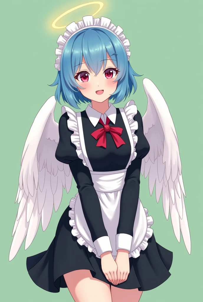 Maid cafe maid with short blue hair, Red eyes, a sensual and happy expression, age range between 18 and 26 years, with angel wings, black uniform without buttons, that the full body is shown, anime style completely in 2D, with pastel colors, with a completely flat and green background