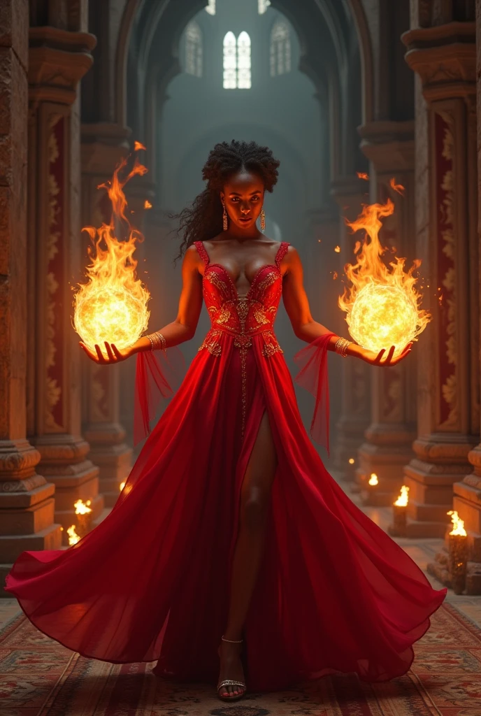 Very beautiful 50 year old black woman , with red dress and fireballs in her hands. In an ancient dark castle, medieval style