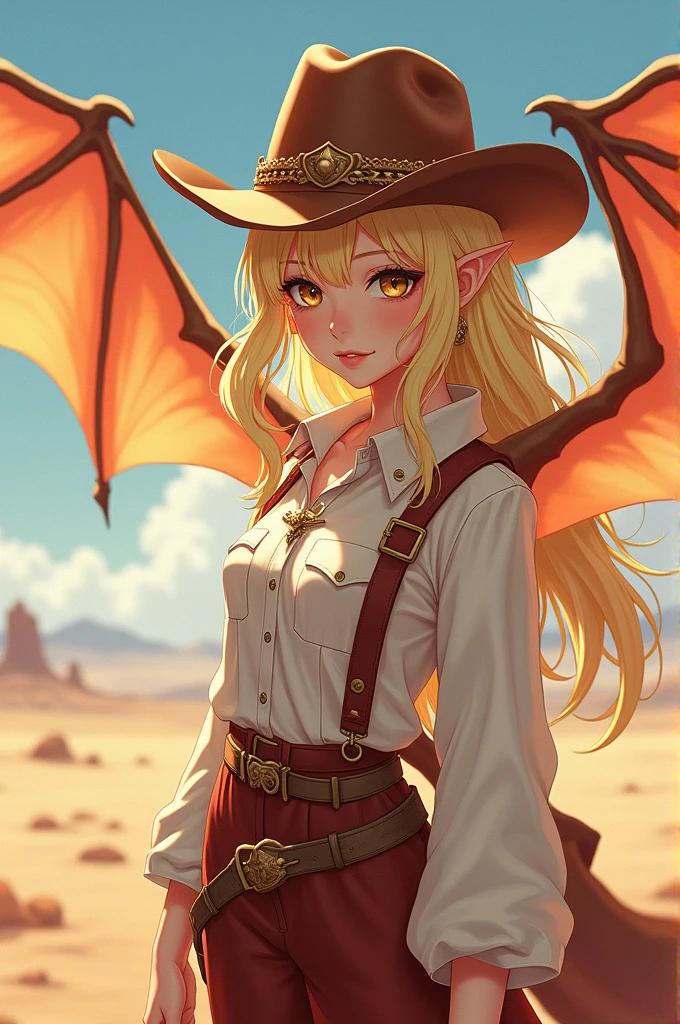 Anime girl, 1girl, blonde hair, beautiful eyes, cowgirl hat, dragon wings, desert dragon
