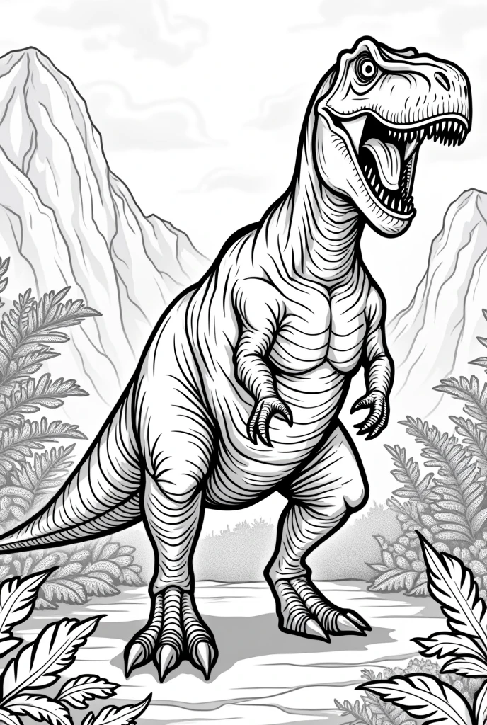Generate a dinosaur coloring page for me, in great detail, shadows for children aged 6 to color, Remembering that it will be in black and white