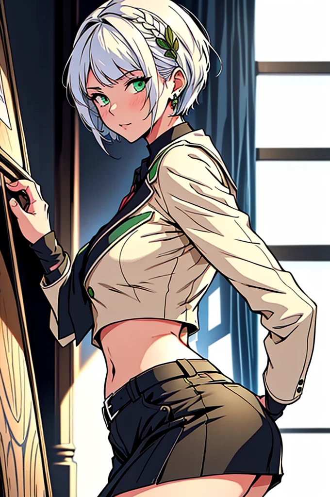 all intricate details, cientificamente: perfect body, girl 1, (masterpiece, best quality:1.2), illustration, solo, 1girl view, short hair, white hair, green eyes, short green blazer, black miniskirt, detailed background, looking at viewer, hair ornaments, indoors, sexy pose, front angle