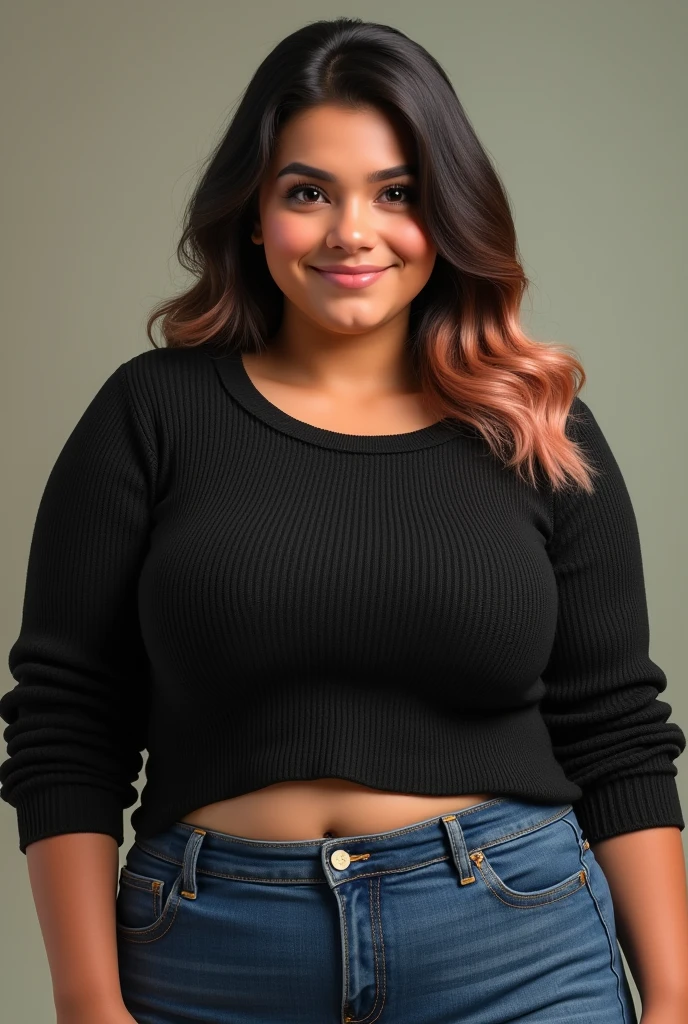 a girl that is 4'9 feet. She has dark brown hair but peach lines also.  She is wearing jeans. She chunky, big, and fat. she is wearing a black knitted long sleeve shirt but the shirt is showing a little bit of only her belly button. Her hair is going straight down and not curly. It is a real life person and she is light brown skinned. and she is Mexican. And has makeup on. She has big eyes and a big head. And doesn't have big eyebrows. Not cartoon style. She has a big forehead 