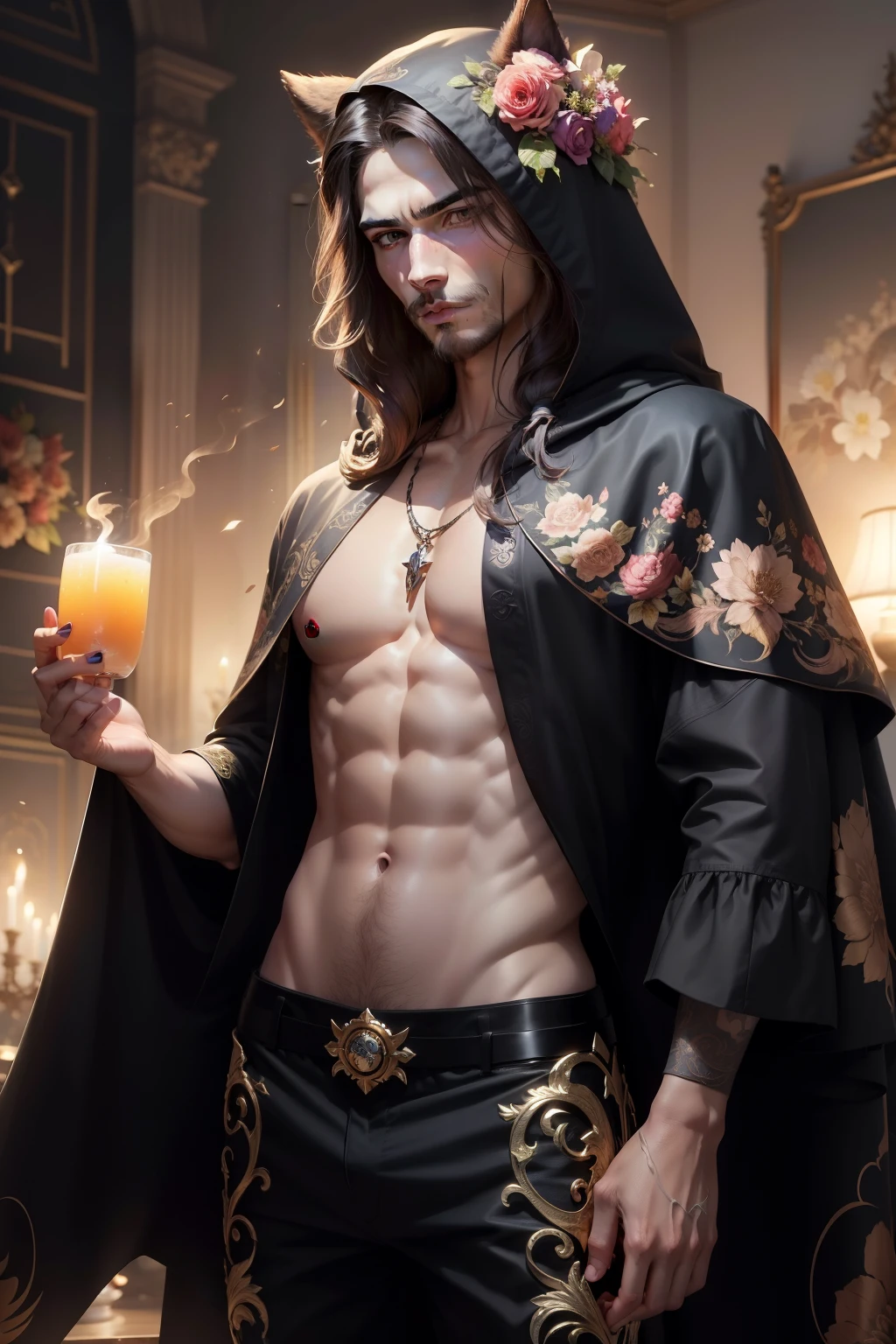 (8k,shipmentsrrealista shipments Maximum quality;1.4) (ung boy) Super handsome king of the underworld (lifelike face) (long hair, flowery hair) slenderbody Muscular and macho Floral aristocratic costume with big white eyes flowery decoration Fangs peeking out of the mouth Pointed claws a seductive gaze Beautiful expression A hyper-realistic (King of the Underworld) appealing (real looking skin) super high resolution high détail Luxury floral pants Florida aura emanating from the body effect flowery cloak