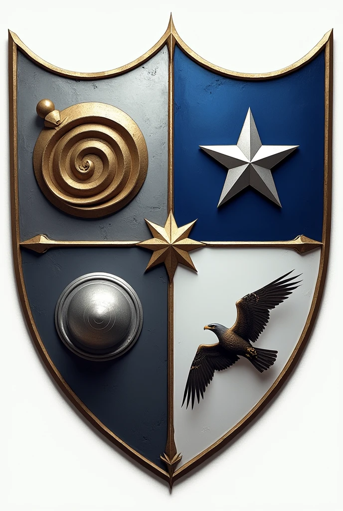 Coat of arms in the shape of a shield, divided into four quadrants. Upper Right Quadrant: A field of deep blue with a silver six-pointed star. Upper Left Quadrant: A silver field with a golden spiral. Lower Left Quadrant: A field of gray with a stylized metal dome. Lower Right Quadrant: A field of white with an eagle taking flight.