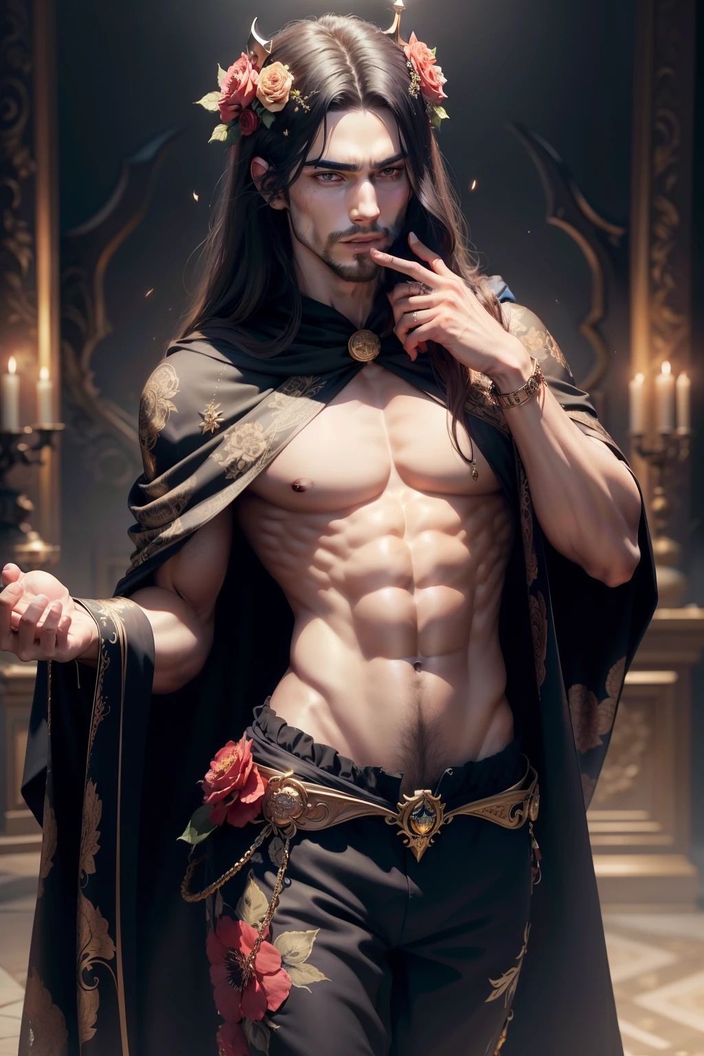 (8k,shipmentsrrealista　shipments　Maximum quality;1.4) (1 young boy) Super handsome king of the underworld　(lifelike face) 　(long hair, flowery hair)　slenderbody　Muscular and macho　Floral aristocratic costume with big white eyes　flowery decoration　Fangs peeking out of the mouth　Pointed claws　a seductive gaze　Beautiful expression　A hyper-realistic　(King of the Underworld)　appealing　(real looking skin)　super high resolution　high détail　Luxury floral pants　Florida aura emanating from the body　effect　 flowery cloak 