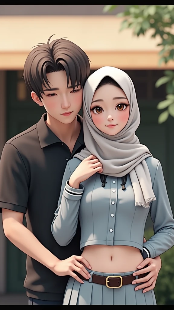 Chinese high school student girl wearing a hijab, thin body, uniform crop top, skirt with a belt on the lower abdomen with a boyfriend holding the girl's hips