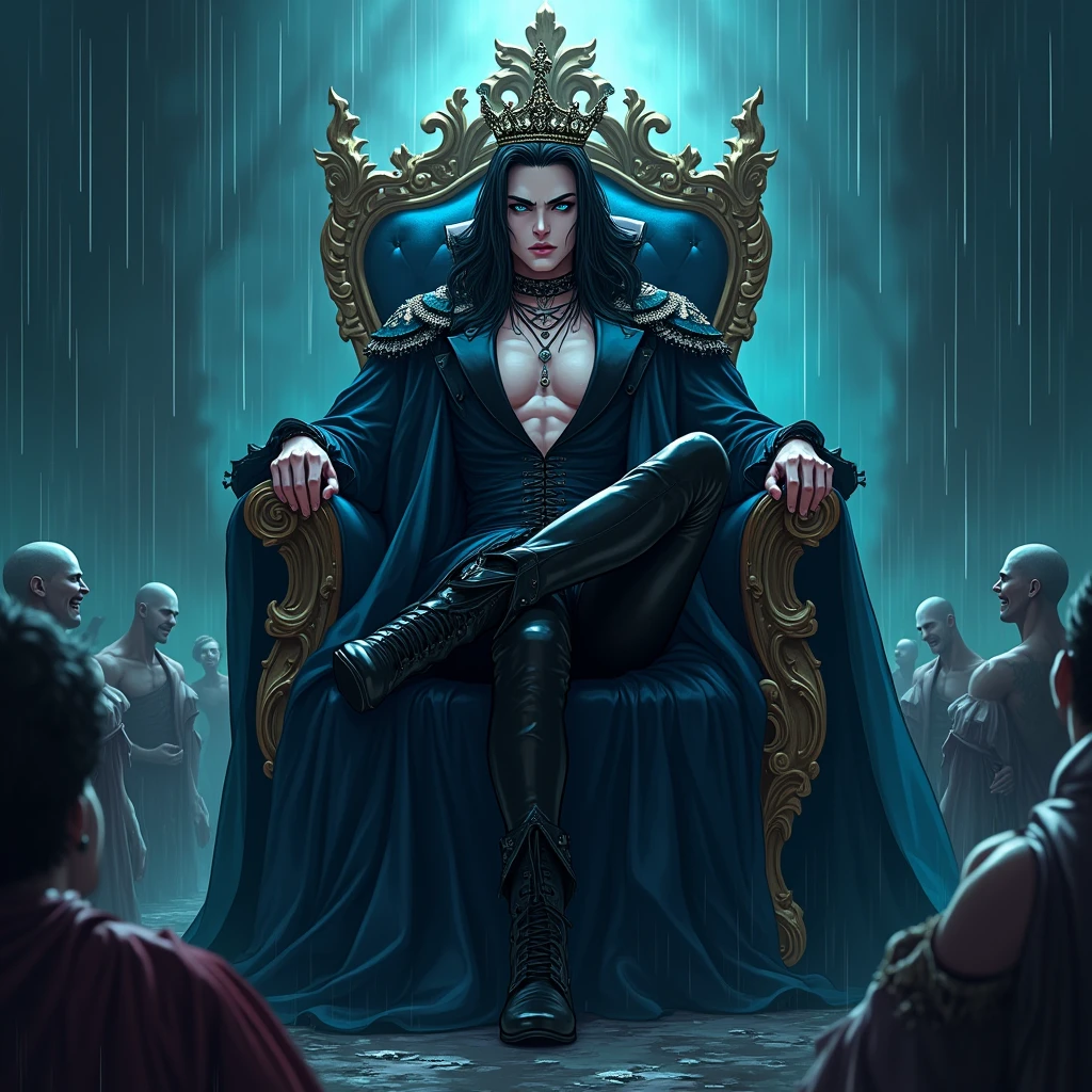 Long black hair. Teal blue eyes, Male, Blue and black frilly gothic clothes. Crown. Surrealism, Sexy, Masterpiece, Shiny. Midnight. Russia. Raining outside. 8k, super detail, Shiny, Beautifully detailed, Pretty drawn. Sexy pose, hot. Anime. Seductive pose. Vampire. Sitting on his throne and crossing his legs in a sultry way. Looking down and smirking with a malicious expression. Long Shiny Boots. black shiny leather jeans. attractive and delicate facial features. saying "kneel down". Anime style. People are kneeling and bowing down in front of him in horror and begging for mercy. Some of them serve him.