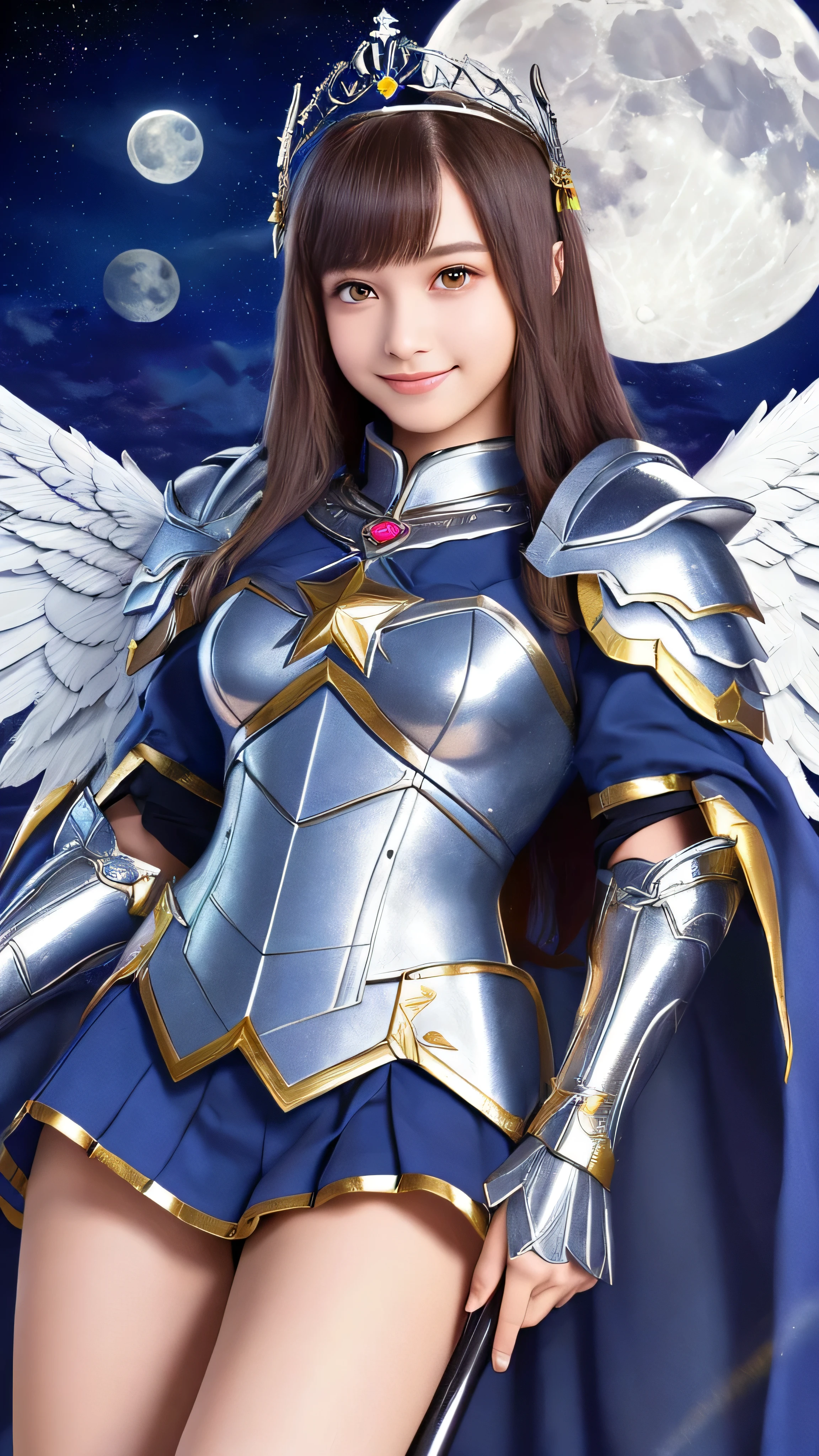 (Spread legs: 1.5),
((Bust size A cup: 1.4)),
(Full body: 1.3), ((Real 16-year-old girl: 1.4)), ((Hashimoto Kanna: 1.4)), (Slender: 1.3),
(Baby face: 1.3), (Beautiful face: 1.3), (Best quality, beautiful eyes with clear contours and high resolution: 1.3), (Beautiful lips with good shape: 1.3), (Cute smile: 1.3), (Best quality, beautiful teeth with good alignment: 1.3), (Cute girl: 1.3) (Lolita: 1.4), (Height 158cm: 1.3),

(Cute face: 1.3), (Best quality, beautiful hands with five correct fingers: 1.3),

(16-year-old masterpiece with a young face, a Valkyrie girl:  1.3), (Tiara with wings: 1.3), 
(A masterpiece of metallic silver armor with detailed decoration: 1.3), (Beautiful white angel wings on both sides: 1.3), (Holding a spear: 1.3), 
(Holding and poised spear: 1.3), (Cloak: 1.3), 

(Highly detailed), (Wallpaper: 1.3), (Dynamic pose: 1.2), , (RAW photo, highest quality: 1.2), (Real photorealistic: 1.2), (Close-up portrait photo: 1.2), (Moon, moonlight, close moon, big moon, soft lighting: 1.3), (Looking at the viewer: 1.2), (Straightened out: 1.2), (Depth of field: 1.2), (Castle, outdoor colorful star trails, gothic architecture: 1.3), (Photorealistic: 1.3), 

, (16k quality,:  1.3), (Best of, : 1.3), (Very Detailed, : 1.3), (Ultra Detailed, : 1.3), (Ultra High Resolution, : 1.3), (All Detailed, : 1.3), (Highest Quality, : 1.3), (Ultra High Quality, : 1.3), (Unreal Engine 5.3, : 1.3), (All in Full Color, : 1.3)