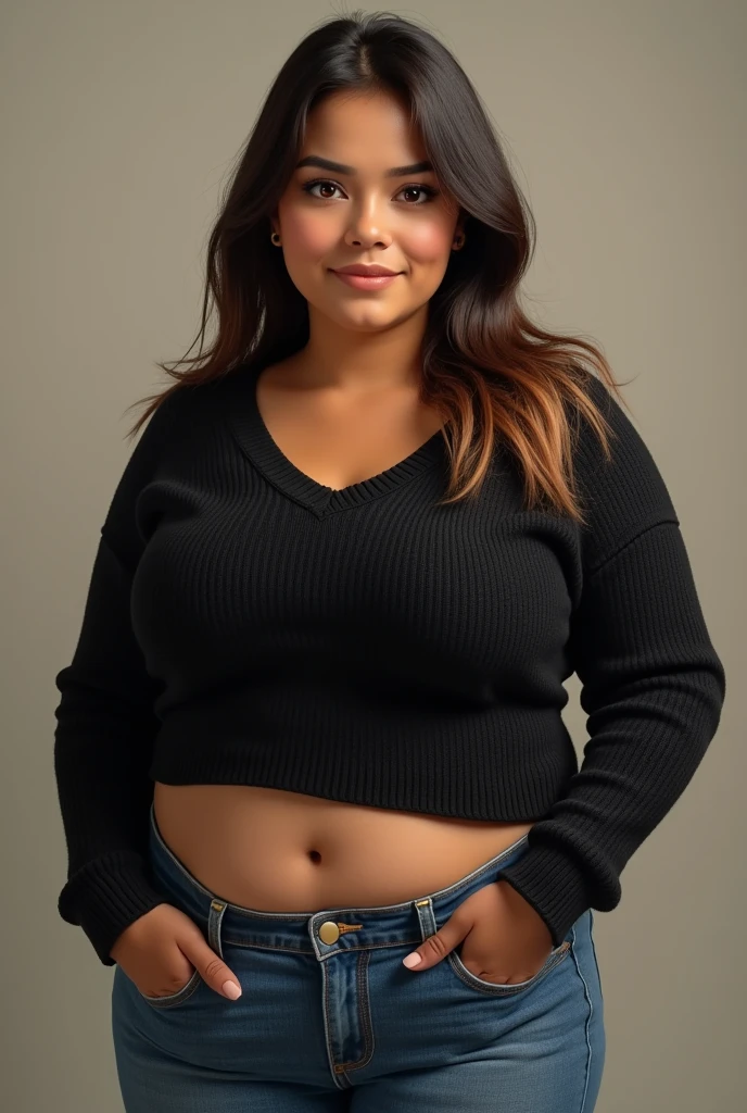 a girl that is 4'9 feet. She has dark brown hair but peach lines also. She is wearing jeans. She chunky, big, and fat. she is wearing a black knitted long sleeve shirt but the shirt is showing a little bit of only her belly button. Her hair is going straight down and not curly. It is a real life person and she is light brown skinned. and she is Mexican. And has makeup on. She has big eyes and a big head. And doesn't have big eyebrows. Not cartoon style. She has a big forehead