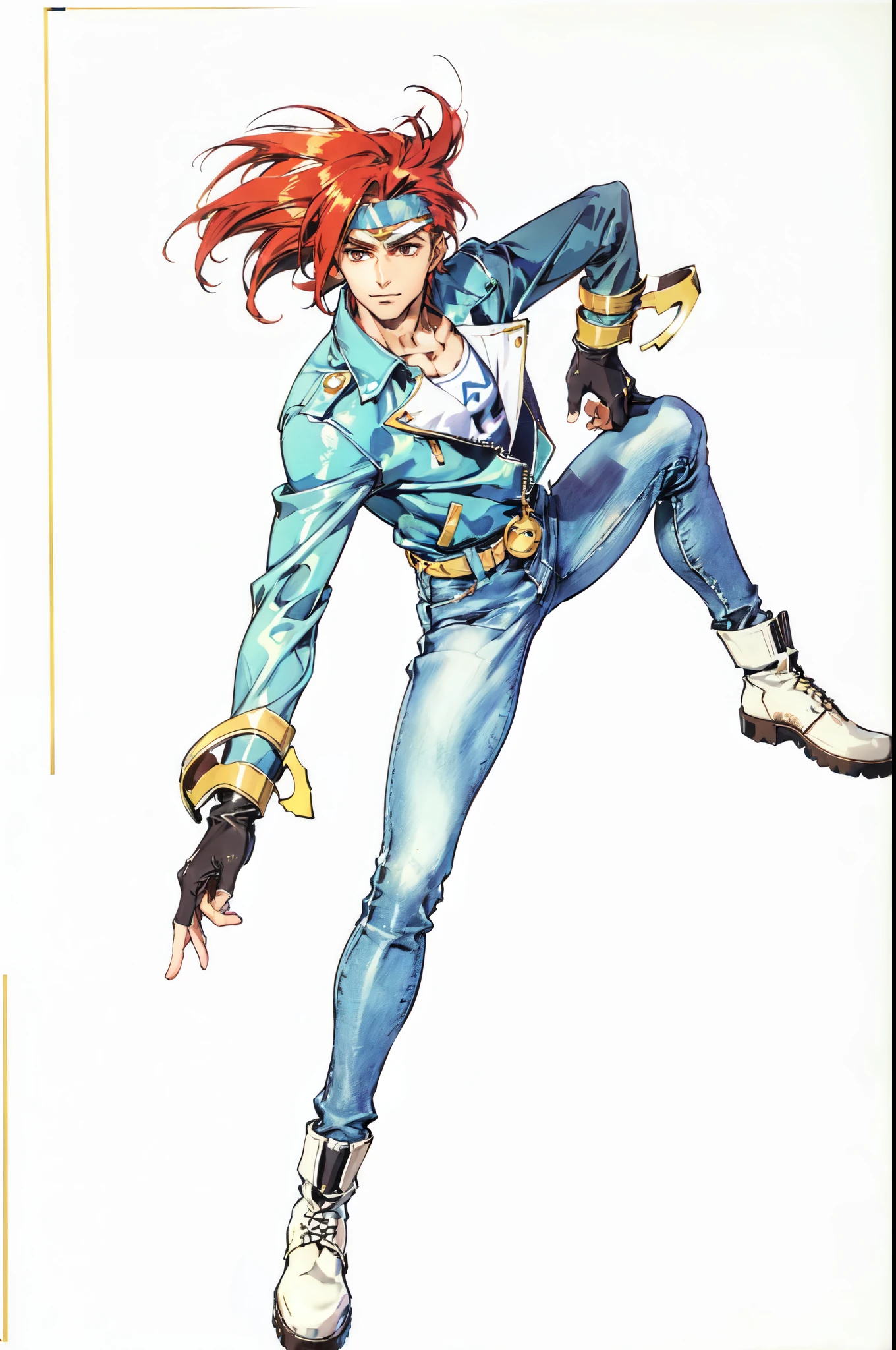 (masterpiece:1.2, best quality:1.2, extremely delicate:1.2), ((male:1.5)), a young man with messy red hair, a leather strap tied around his forehead, a handsome face, bright eyes, a rebellious smile, a slender build, a futuristic fantasy-style black and white leather jacket, dark jeans, hiking boots, he is making an exaggerated leap above the city, this character embodies a finely crafted futuristic fantasy-style rogue in anime style, exquisite and mature manga art style, dramatic, high definition, highres, ultra-detailed, ultra-fine painting, professional, perfect body proportions, golden ratio, anatomically correct, symmetrical face, extremely detailed eyes and face, high quality eyes, creativity, RAW photo, UHD, 32k, Natural light, cinematic lighting, (masterpiece-anatomy-perfect:1.2)