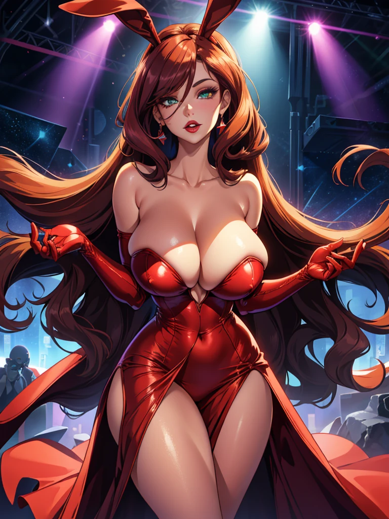 A female character, Jessica Rabbit ((is a protagonist of Disney's 1988 live-action/animated film, Who Framed Roger Rabbit. She is the wife of the main character: Roger Rabbi))); Jessica is described as a tall, sensual, and mysterious woman. Her physical shape is in the shape of an "hourglass", as her body is seen with sinuous and slender curves, with a very narrow waist, very large breasts and a huge bust, also presenting wide hips, break, hyper realistic high quality, symmetrical eyes , she has fair skin and long dark red hair, she also wears bangs that cover her right eye. Her green eyes are large-lidded and seductive with long dark lashes accented by shimmering purple eyeshadow. Her nose is small in proportions, especially in relation to her big red lips, the dress is split in half between her thighs downwards, making it possible to see her toned legs, it is also possible to see the back of the red dress with sparkles, without straps, with a neckline made up of shiny sparkling sequins, where there is a "V" shaped neckline on her back, and also, she wears her same purple gloves, large breasts, wearing huge, highly detailed necklines , best quality, illustration, perfect anatomy, beautiful with cuteness and symmetrical faces, sensuality, big breasts, perfect anatomy. She is on a stage with light red curtains on the sides, singing seductively to the spectators; a spotlight of white light fixed on it,