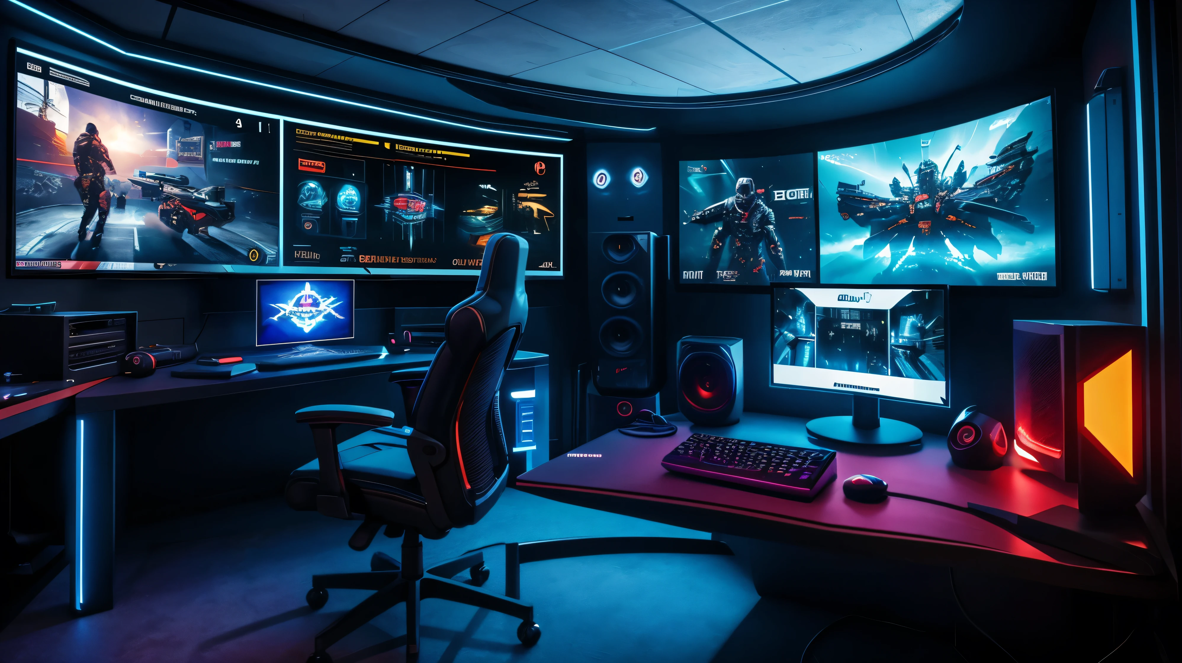 scifi, cyberpunk, futuristic, pc gaming room, hightech, daylight, very cozy, much space, wide angle, a lot of tech, 3 flat curved monitors, monitor ratio 21:9, hightech gaming-chair, monitor size 34 zoll, realistic view, ambient light, chilled ambient, year 2124, cinematic