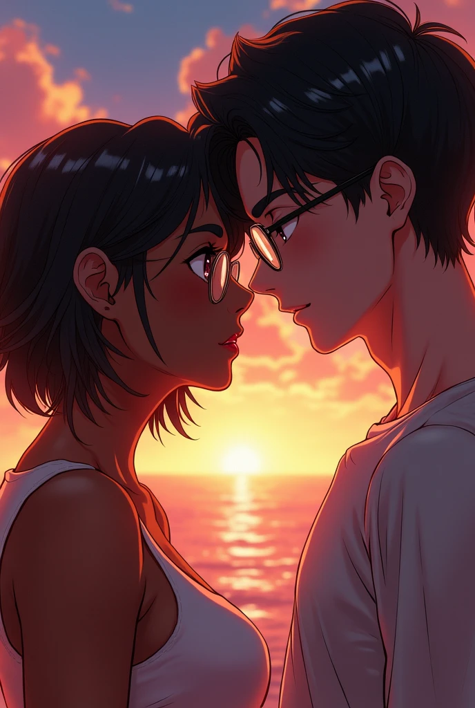 Dark-skinned muscular woman, What an amazing expression with his eyes half closed, Brown short hair. Light-skinned man, What a crazy look with his eyes half closed, Black medium long hair. Glasses、Kiss Anime Style.