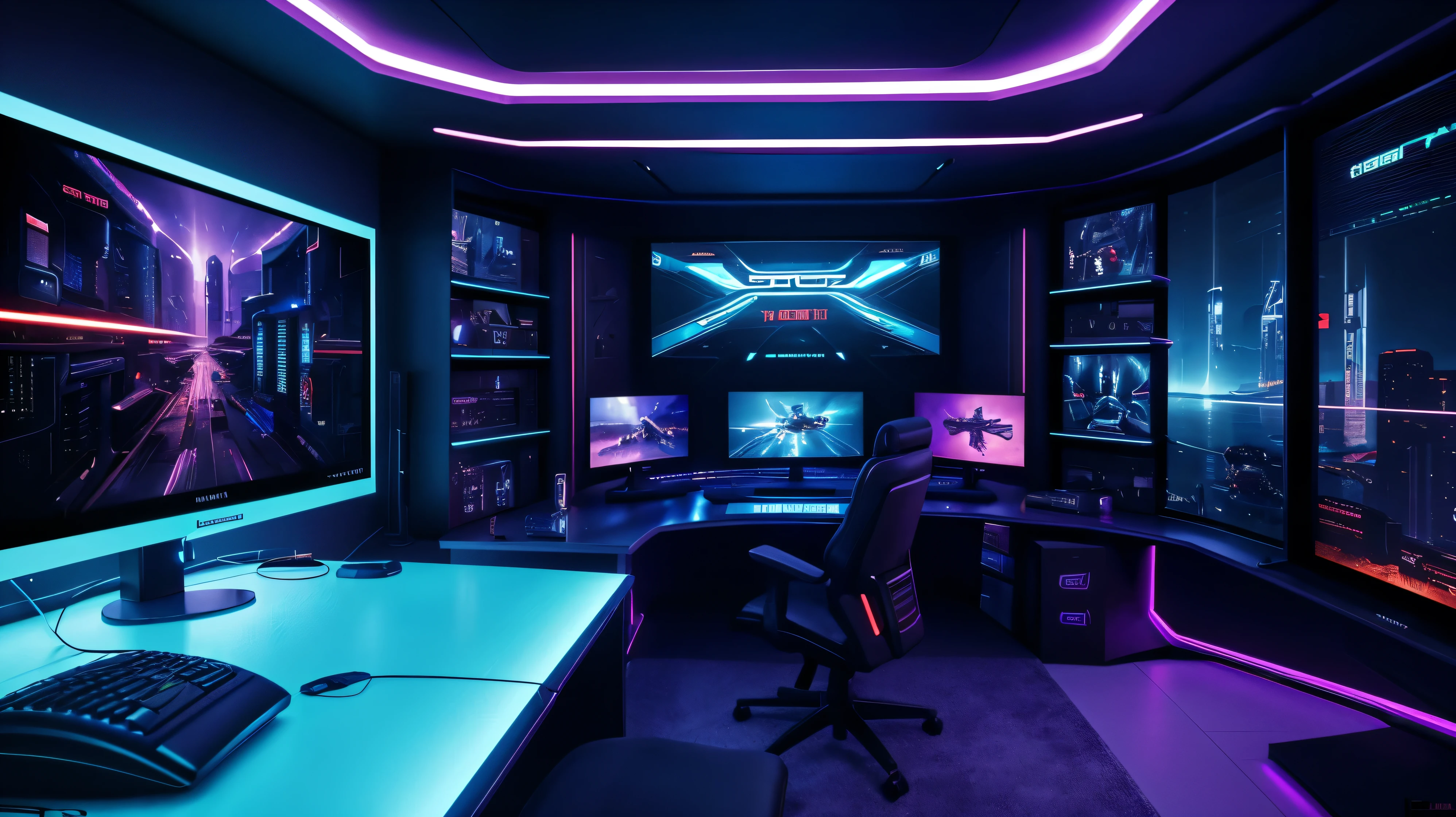 scifi, cyberpunk, futuristic, pc gaming room, hightech, daylight, very cozy, much space, wide angle, a lot of tech, 3 flat curved monitors, monitor ratio 21:9, hightech gaming-chair, monitor size 34 zoll, realistic view, ambient light, chilled ambient, year 2124, cinematic