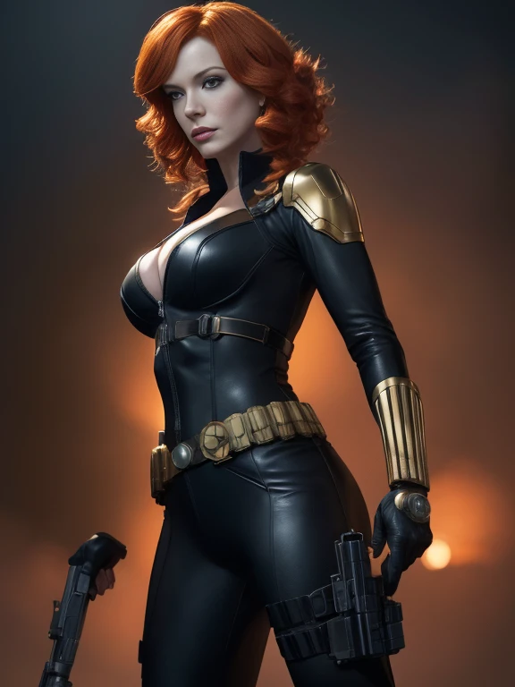 Christina Hendricks as the character Natasha Romanoff/Black Widow from the Marvel Cinematic Universe, 48 years old, short wavy hairstyle, orange hair color, big breasts. In tight black leather suit, metallic armlets, gun holsters and metallic utility belt. Dynamic pose, action pose, in a fighting position. Mysterious spy, member of the Avengers, 4k rendering, Marvel comics digital art, Marvel Cinematic Universe concept art, 4K Wallpaper, MCU character, epic Avengers character art, HQ 4K Wallpaper
