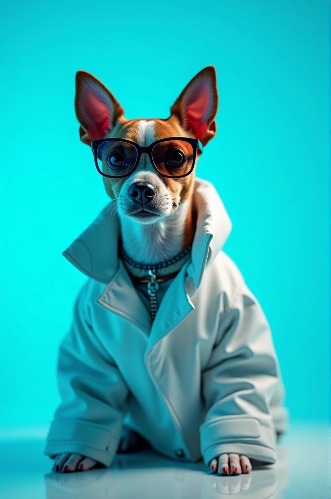 The best cell phone wallpaper, Award-Winning Wallpaper, portrait photography, In the front view is a portrait of a cute dog wearing mid-1960s space age fashion, Side view photo, Shot with Canon EOS R5, Set a strong contrast that accentuates the subject, Fluorescent blue tone, Wearing a very modern coat and sunglasses is a modern 1960s style, Clothes all in one color, beautiful background
