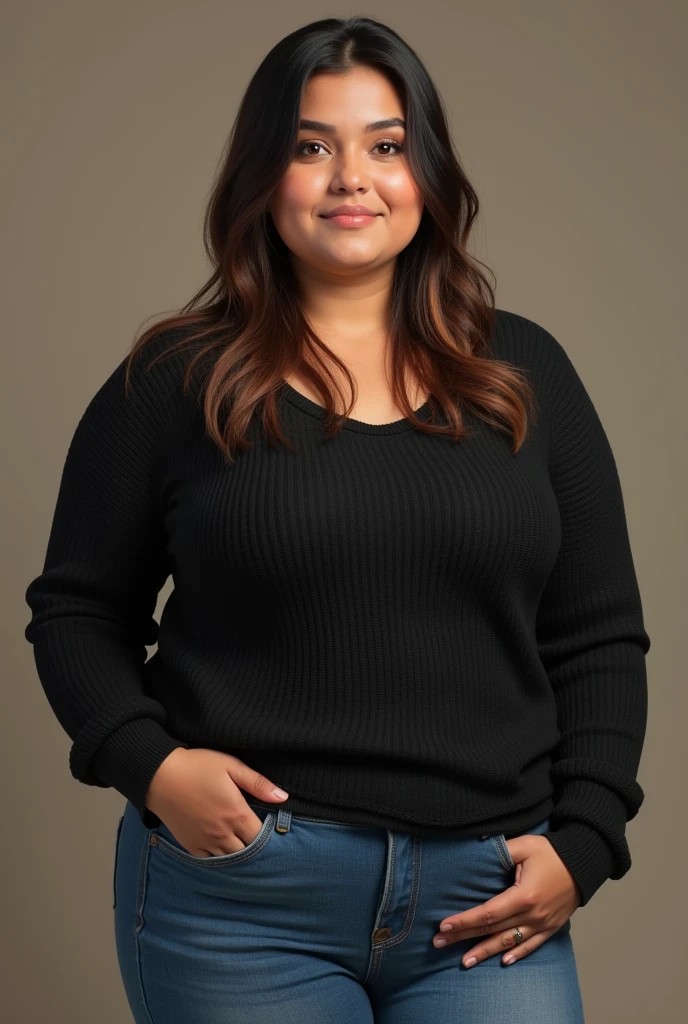 a girl that is 4'9 feet. She has dark brown hair but peach lines also. She is wearing jeans. She chunky, big, and fat. she is wearing a black knitted long sleeve shirt but the shirt is showing a little bit of only her belly button. Her hair is going straight down and not curly. It is a real life person and she is light brown skinned. and she is Mexican. And has makeup on. She has big eyes and a big head. And doesn't have big eyebrows. Not cartoon style. She has a big forehead