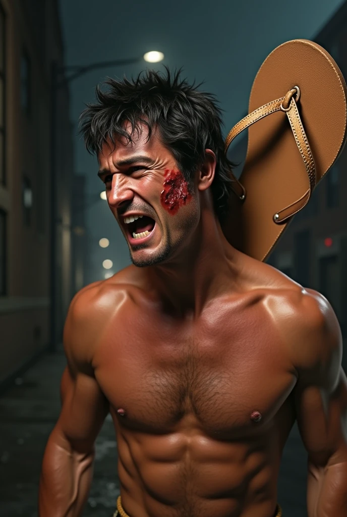 Rocky Balboa hit with a flip-flop on the cheek, face of pain, with bruises. A giant flip flop