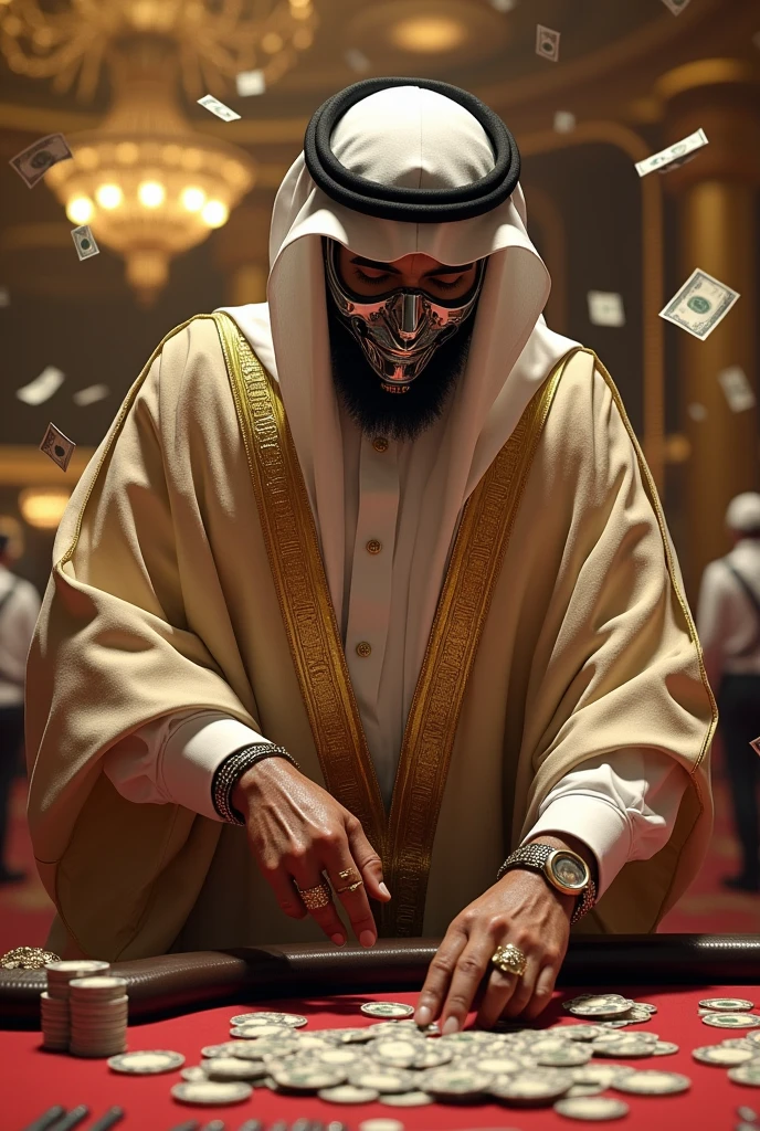 Create a man in Sheik clothes betting in casinos and money falling on him and wearing a robot mask