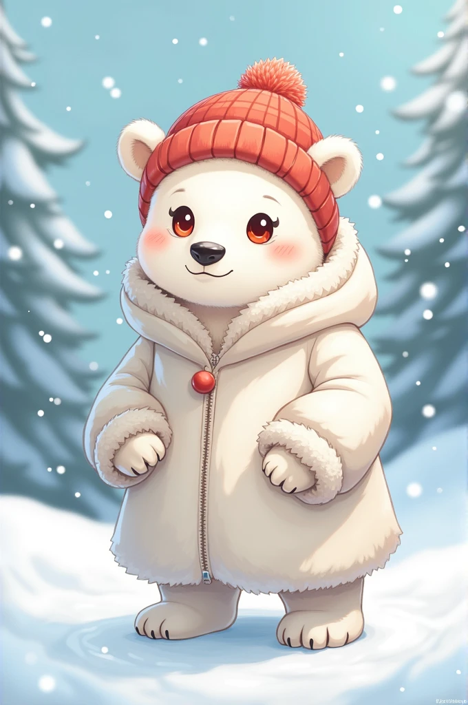 Drawing of an albino bear wearing a coat and a cap, anime styling