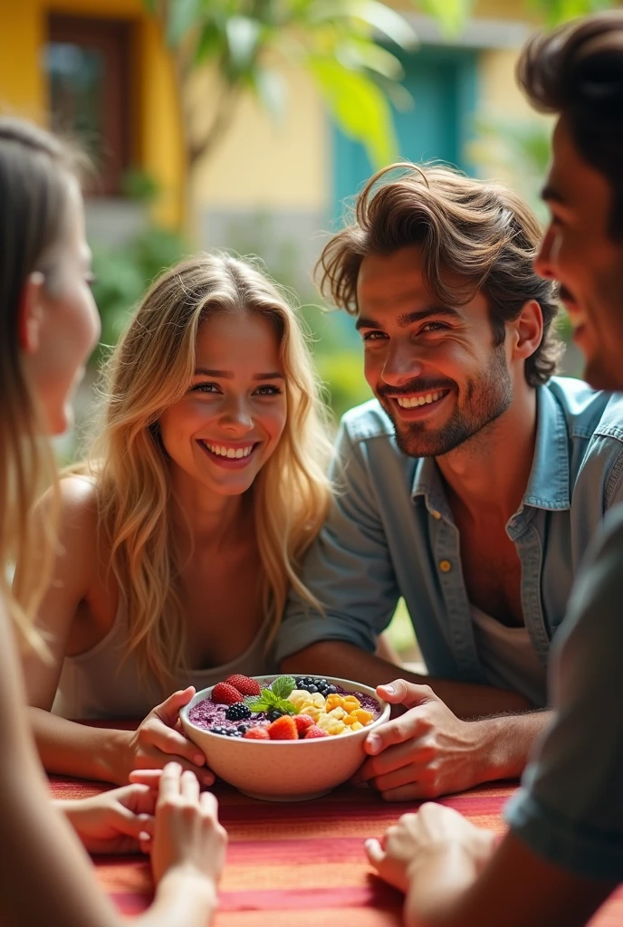 Realistic Man and Girlfriend 25-35 years old, In Mexico blonde hair brown eyes eating acai from a bowl , with friends Ultra HD, high qualiy, best qualityer, high resolution, 8k, 16K