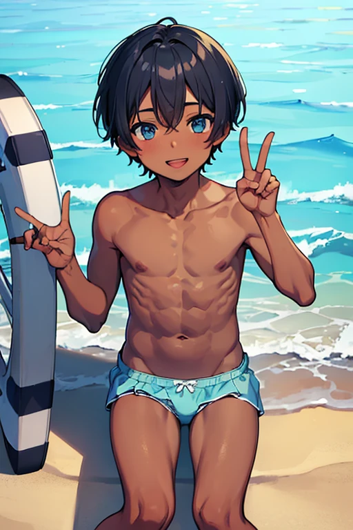 (Highest quality), (Super detailed), Beautiful Boy、Charm、 Boy、Shota、More than one person、Playing in the sea、Swim trunks、smile、Beach ball、