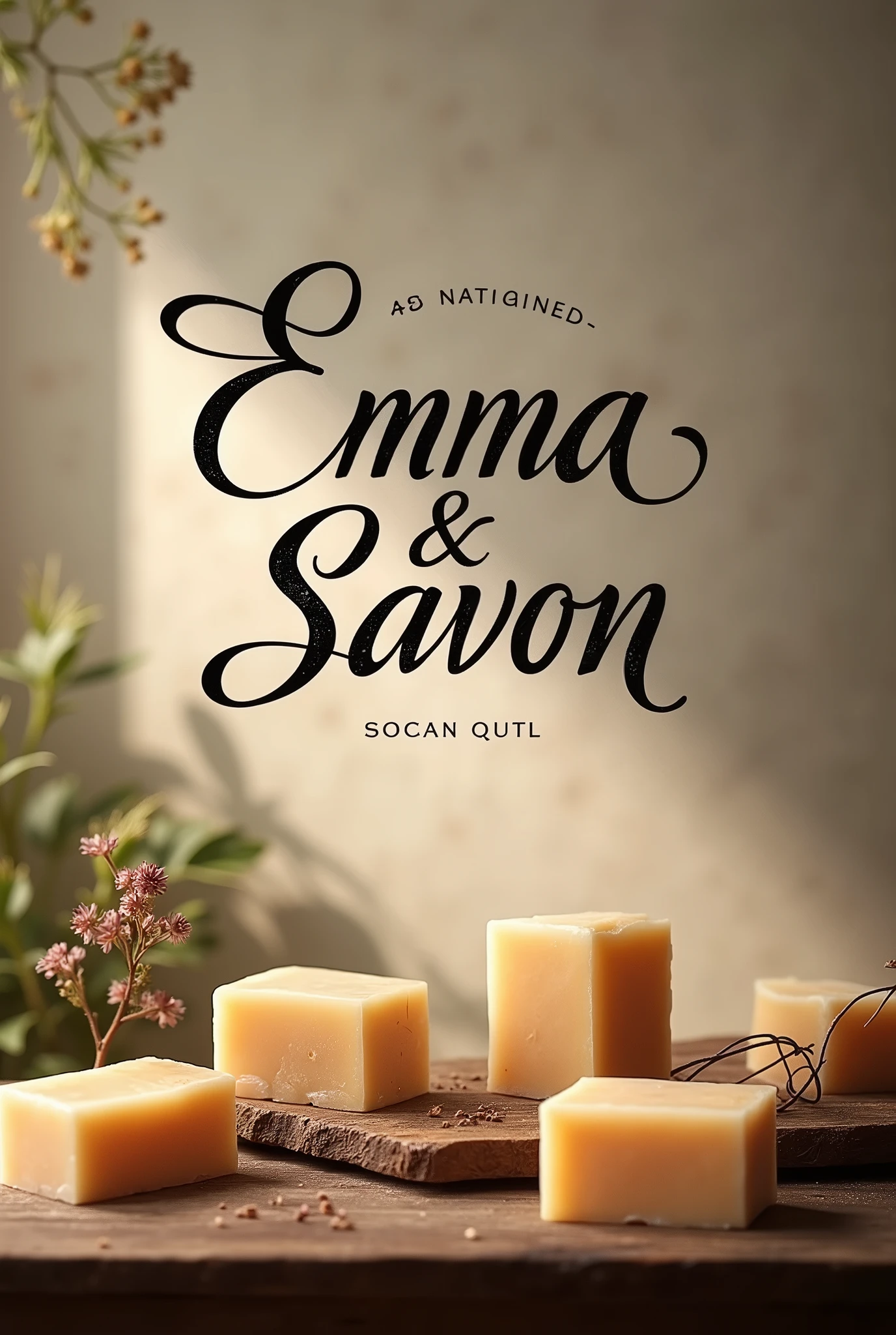 Create a vintage-inspired logo for 'Emma & Savon', with elegant cursive fonts and a subtle textured background. Display handmade soaps in a rustic, well-lit setting on a wooden table, with soft, warm lighting to evoke a cozy, artisanal atmosphere.