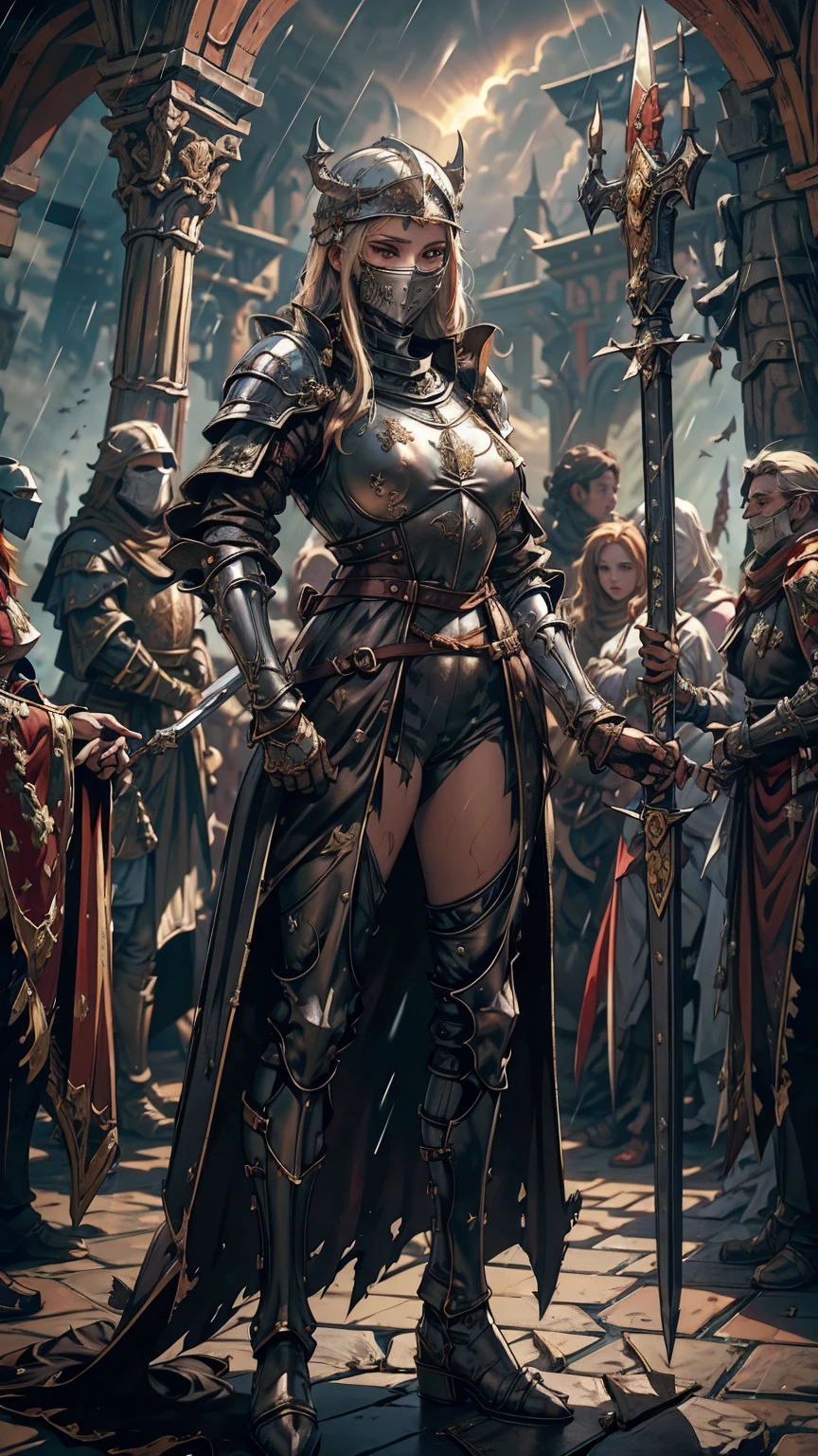 A woman in medieval armor, medieval helmet, torn cloak, long iron boots, several skulls around the woman, several birds flying next to the woman, rain, cloudy weather, medieval times, war, she is facing forward holding her garden sword in one hand, one of her legs is in front of the other, She is stepping on people's corpses, several bones lying on the ground, blood all over her body, rain, fog, night, bad weather, several swords held on the ground, several people fighting, Thick thighs, long legs, big breasts, helmet covering her entire face, Medieval full face mask , medieval mask covering his face 