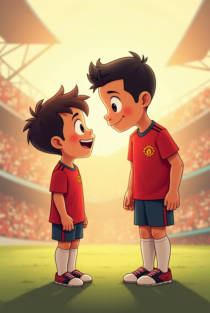 A lfootballer boy with his idol Ronaldo. Ronaldo’s with shirt logo: Manchester United. Face to face . Cute Cartoon