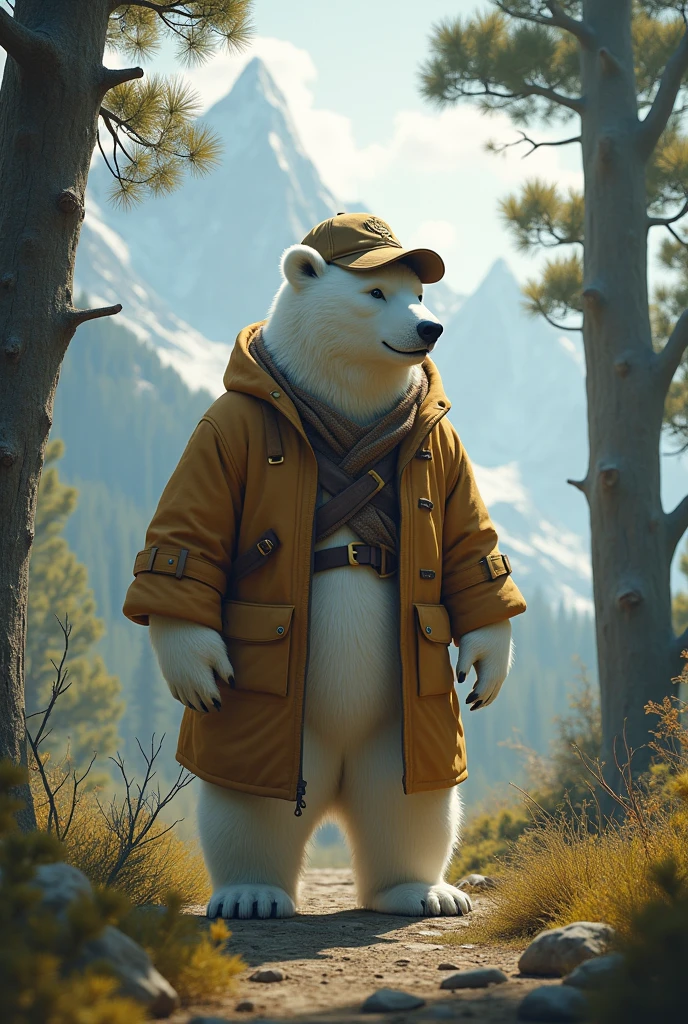  an albino bear wearing a coat and a cap, RPG style