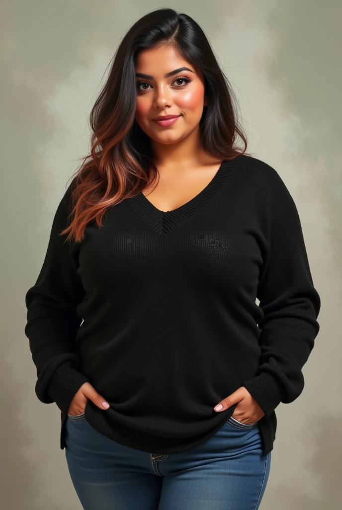 a girl that is 4'9 feet. She has dark brown hair but peach lines also. She is wearing jeans. She chunky, big, and fat. she is wearing a black knitted long sleeve shirt but the shirt is showing a little bit of only her belly button. Her hair is going straight down and not curly. It is a real life person and she is light brown skinned. and she is Mexican. And has makeup on. She has big eyes and a big head. And doesn't have big eyebrows. Not cartoon style. She has a big forehead