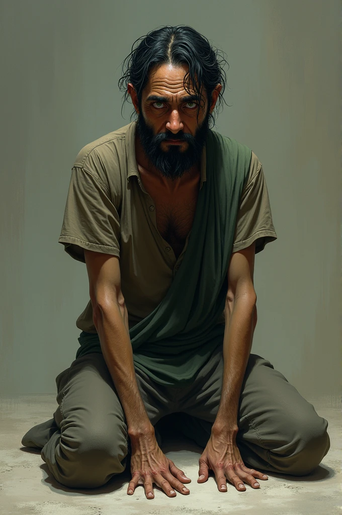 Juan is a tall, thin man., with dark hair . His green eyes are surrounded by dark circles, which reveals his tiredness and hopelessness. He has a beard of several days. kneeling on the floor