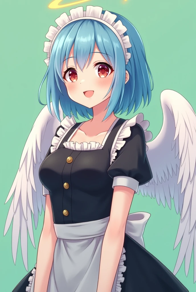 Maid cafe maid with short blue hair, Red eyes, a sensual and happy expression, age range between 18 and 26 years, with angel wings, black uniform without buttons, that the full body is shown, anime style completely in 2D, with pastel colors, with a completely flat and green background