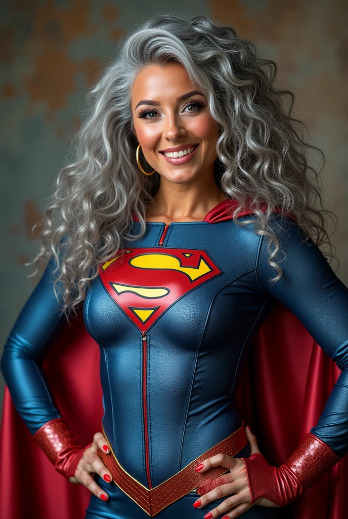 A beautiful youthful looking American version of Ariana Grande as a 50 years old woman with long her completely gray hair in a big curls styles as a retired American inspired superhero wearing her costume suit witch looks like a comic superhero suit again for a photoshoot she is smiling for the camera