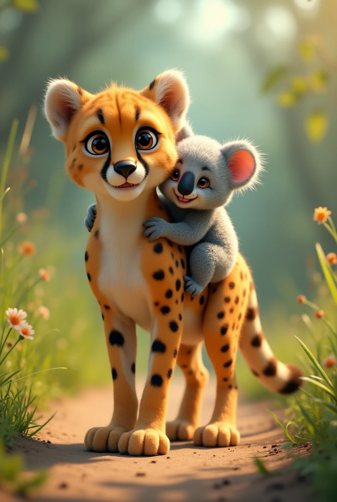 creates a baby male cheetah being ridden from behind by a baby koala