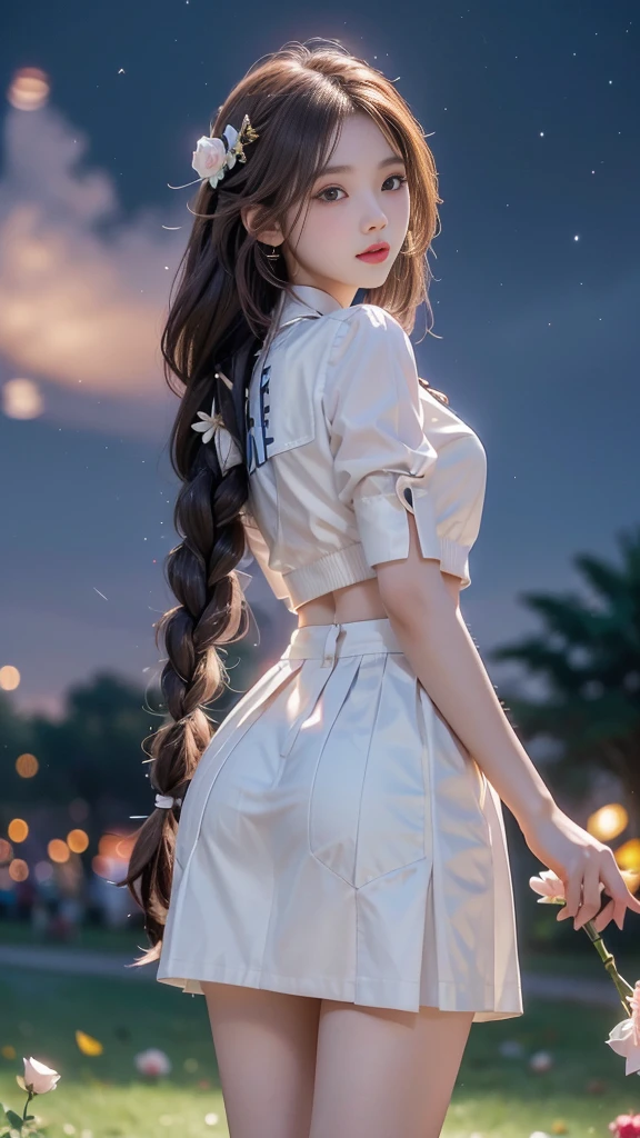 ulzzang-6500-v1.1, (RAW photo: 1.2), (Real photo), (Real photo: 1.4), 1 girl、Perfect anatomy、19 years old、Looking at the camera、((from behind), Medium length hair、side braid, short white uniform skirt, holding a bouquet of roses at night, under the starry night sky, ((in the park: 1.1))、(Business service)、Asian eyes Ella,