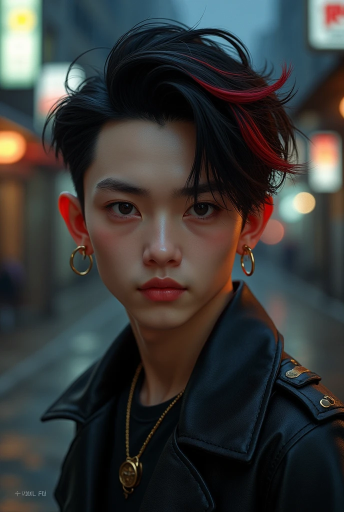 asian man, round face and round ears with piercings. The eyes are round and slanted, black and almond shaped. The nose is a little big with a round tip. The upper lip is thin and well-shaped., and the bottom one is a little fuller. Her hair is a black undercut with a very visible red streak., wears a leather jacket and the setting is a dark street.